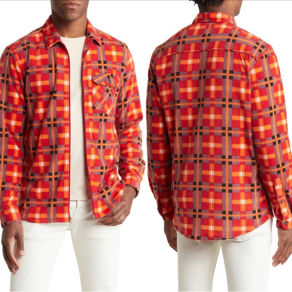 NWT Vintage 1946 Brushed Fleece Zip Up Shirt Jacket Plaid Red Orange Large